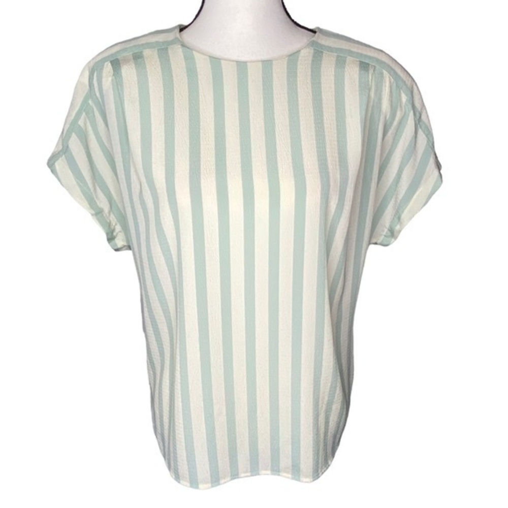 Vintage Notations Top Sea Foam Ivory Striped Button Down Back Oversized Blouse
